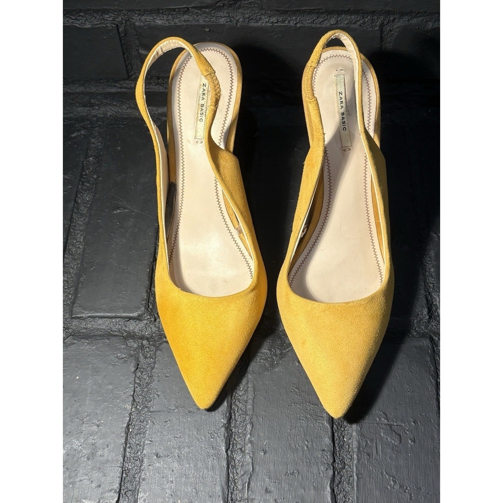Zara Basic Yellow Suede Slingback Pumps Pointed Toe Stiletto Heels Size 39